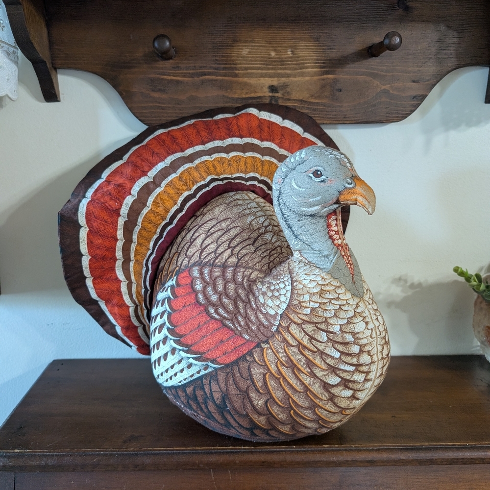 Vintage Large Hand Sewn Stuffed Thanksgiving Turkey Table Decoration Centerpiece